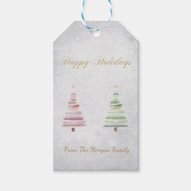 Rosa Grönt Gräs Träd Snö Presentetikett (Framsidan)