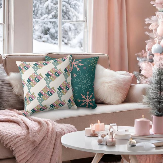 Rosa Grönt Guld Glitter Merry & Bright Snöflingor Kudde (Skapare uppladdad)