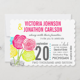 Rosa Grönt Gult Mason Burk Blommigt Typografi Inbjudningar