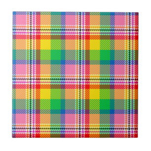 Rosa Grönt Gult Tartan Play Design Kakelplatta