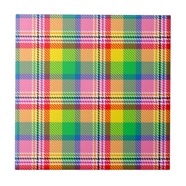 Rosa Grönt Gult Tartan Play Design Kakelplatta (Framsidan)