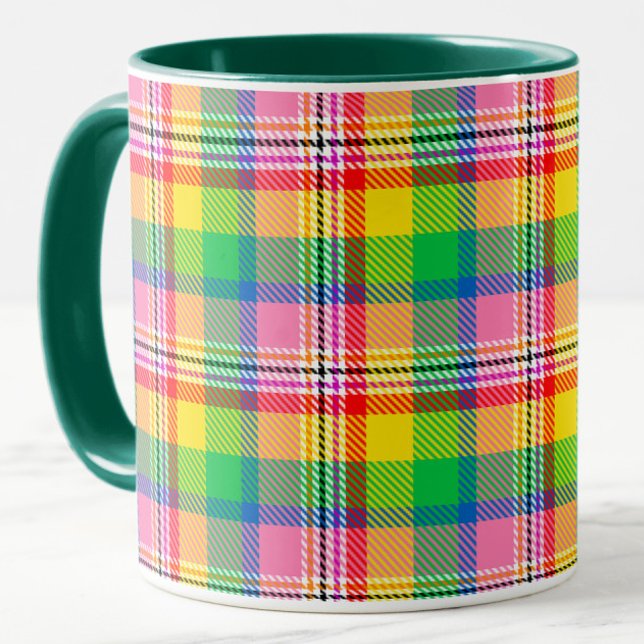 Rosa Grönt Gult Tartan Play Design Mugg (Skapare uppladdad)