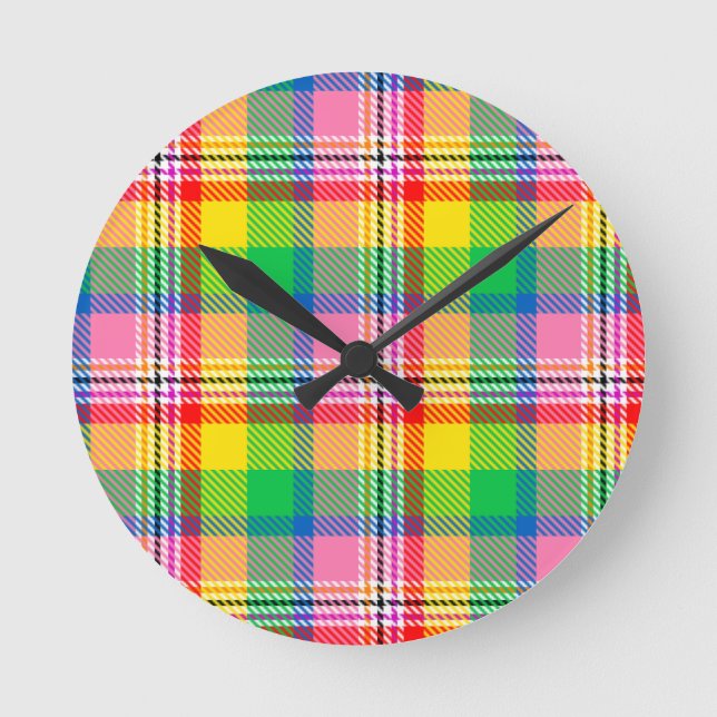 Rosa Grönt Gult Tartan Play Design Rund Klocka (Framsida)