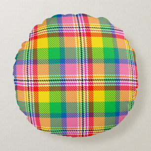 Rosa Grönt Gult Tartan Play Design Rund Kudde