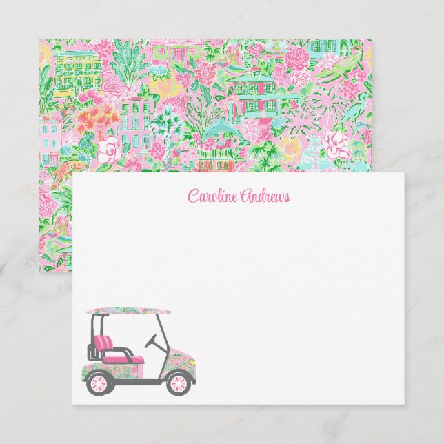 Rosa & Grönt Handflatan Beach Golf Cart Personlig Tack Kort (Fram/baksida)