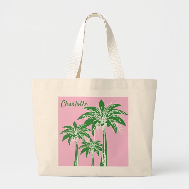 Rosa Grönt Handflatan preppy Beach (Träd) Sommaren Jumbo Tygkasse (Framsidan)