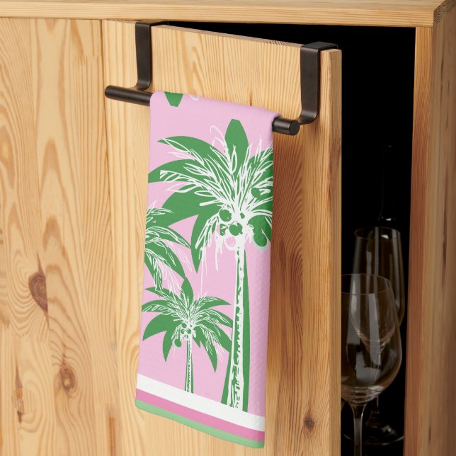Rosa Grönt Handflatan Träd Preppy Coastal Beach Kökshandduk (Thirds Fold)