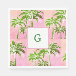 Rosa Grönt Handflatan Träd Preppy Summer Monogram Pappersservett