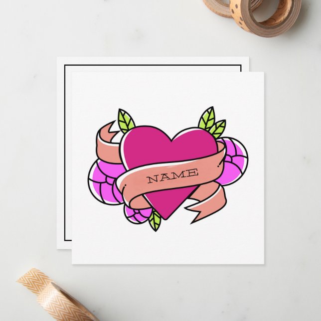 Rosa Grönt Heart Tatto Add Custom Name Black Anteckningskort (Fram/Back In Situ)