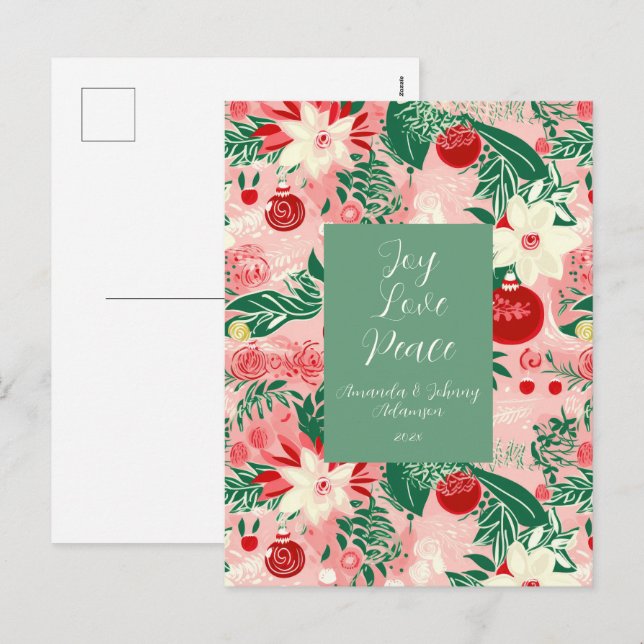 Rosa Grönt Joy Kärlek Peace Blommigt Post Card Helg Vykort (Fram/baksida)