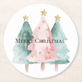Rosa Grönt Julgranar Guld Stars Underlägg Papper Rund