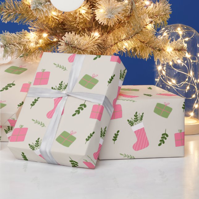 Rosa Grönt julklapp Stocking Mönster Cream Presentpapper (Helgdagar)