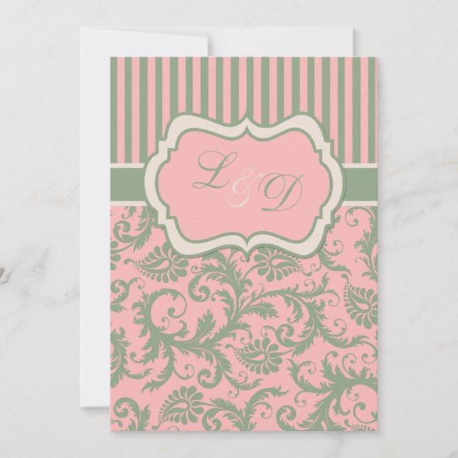 Rosa, Grönt, Khaki Stripe Damask Wedding Inbjudan (Framsida)
