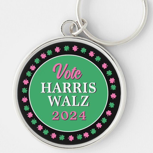 Rosa Grönt Klöver 2024 Vote Harris Walz Rund Silverfärgad Nyckelring (Framsidan)
