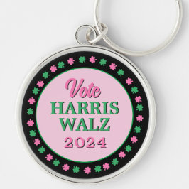 Rosa Grönt Klöver 2024 Vote Harris Walz Rund Silverfärgad Nyckelring