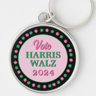 Rosa Grönt Klöver 2024 Vote Harris Walz Rund Silverfärgad Nyckelring