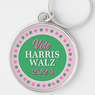 Rosa Grönt Klöver 2024 Vote Harris Walz Rund Silverfärgad Nyckelring