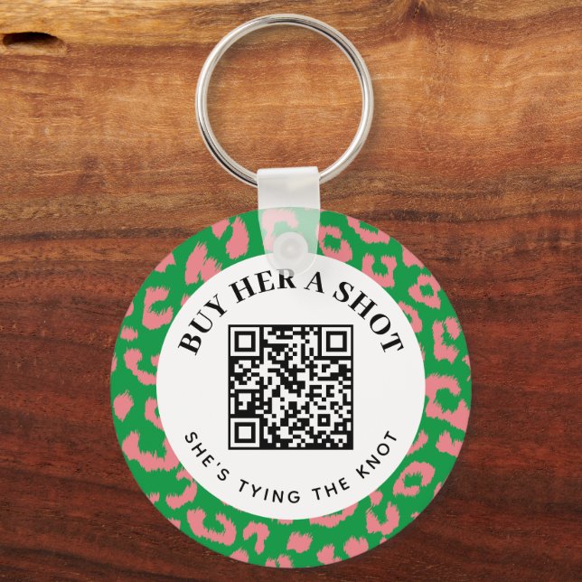 Rosa Grönt Leopard Bachelorette Party QR Betalning Nyckelring (Framsida)