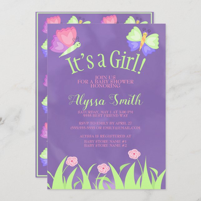 Rosa Grönt Lila Butterflies Flicka Shower Inbjudningar (Fram/baksida)