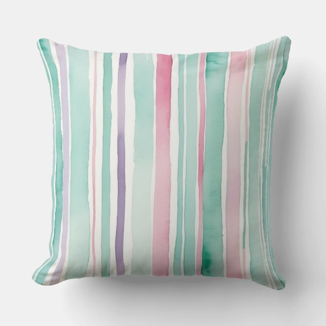 Rosa grönt lila och vitt rand kudde (Framsida)