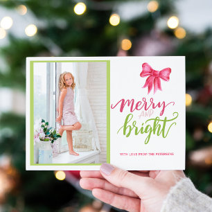 Rosa grönt Merry och Bright Julbild Julkort