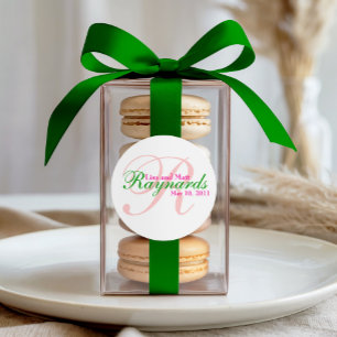 Rosa Grönt Monogram Bröllop Runt Klistermärke