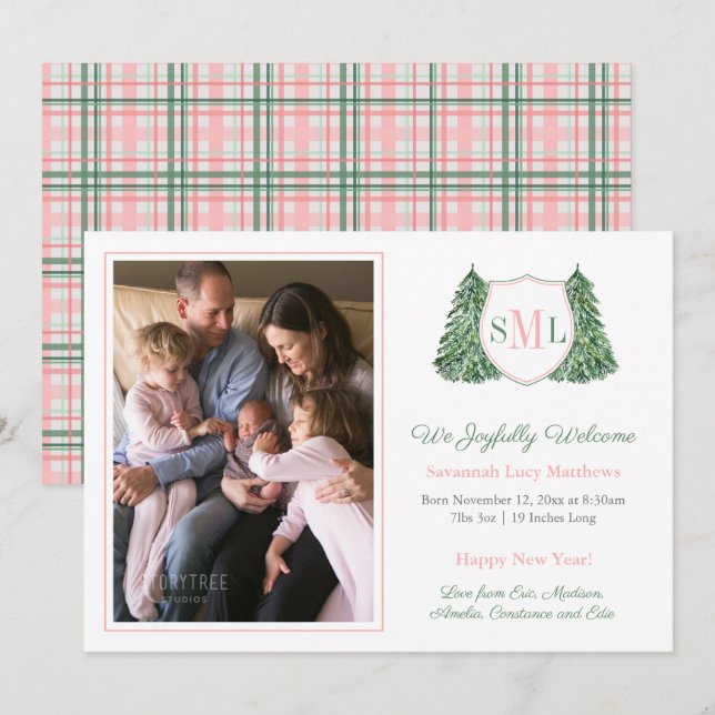 Rosa Grönt Monogram Gott nytt år Flicka Photo Meddelande (Fram/baksida)