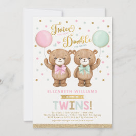 Rosa Grönt Nalle Blegon Twin Baby Shower Inbjudningar