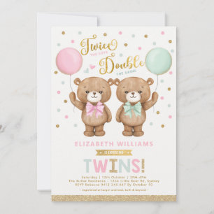 Rosa Grönt Nalle Blegon Twin Baby Shower Inbjudningar