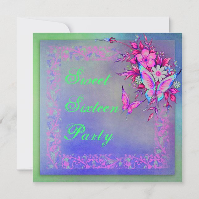Rosa Grönt Neon Grunge Butterfly Sweet 16 Birthday Inbjudningar (Framsida)