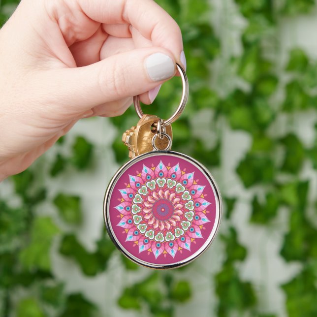 Rosa, Grönt och blåblommiga mandalakedja Rund Silverfärgad Nyckelring (Hand)