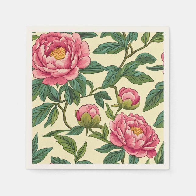 Rosa, Grönt och Gult Chinoiserie-Blommigt Pappersservett (Framsidan)