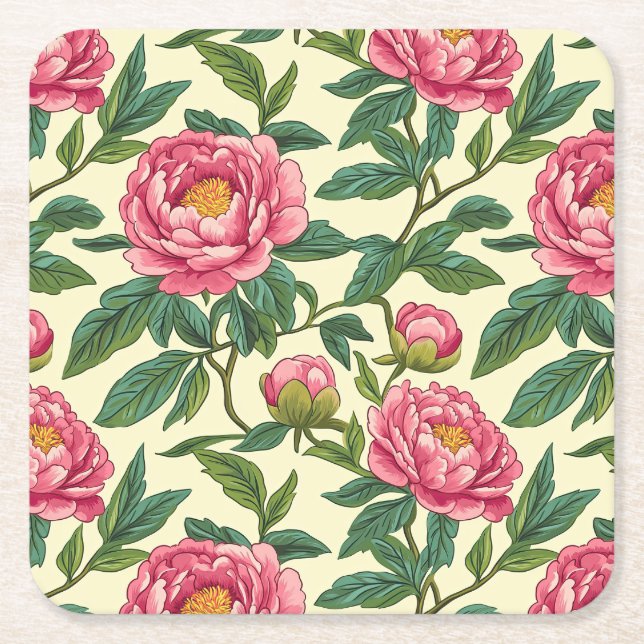 Rosa, Grönt och Gult Chinoiserie-Blommigt Underlägg Papper Kvadrat (Framsidan)