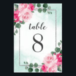 Rosa Grönt och Silver Watercolor Blommigt Bröllop Bordsnummer<br><div class="desc">Konstruktionen har vattenfärgspeony och ro inslag i rosa med eukalyptus grey över en faux silver/grått glitter gräns. Utformningen har även vattenfärgsfärgad stänk i mynta eller ljust grönt skuggor.</div>