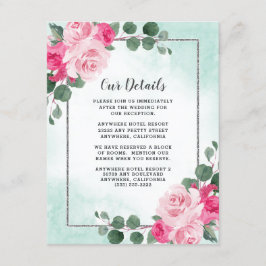 Rosa Grönt och Silver Watercolor Blommigt Bröllop Tilläggskort