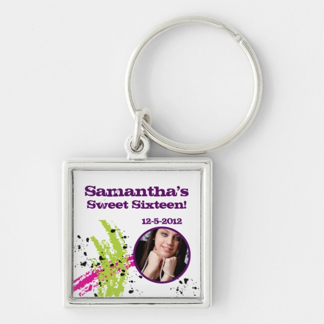 Rosa Grönt Paint Stänk Bläck Splotch Drop Nyckelri Fyrkantig Silverfärgad Nyckelring (Framsidan)