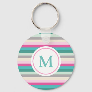 Rosa Grönt Pastel Stripe Monogram Nyckelring