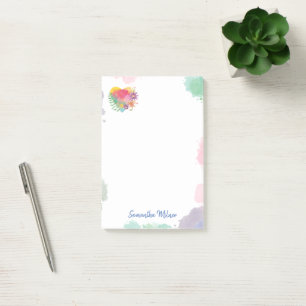 Rosa Grönt Pastel Watercolor Blommigt Kärlek Heart Post-it Block