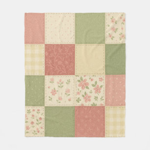 Rosa Grönt Patchwork Quilt Rustic Farmhouse Blommi Fleecefilt