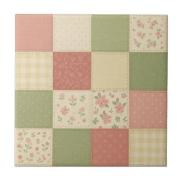 Rosa Grönt Patchwork Quilt Rustic Farmhouse Blommi Kakelplatta