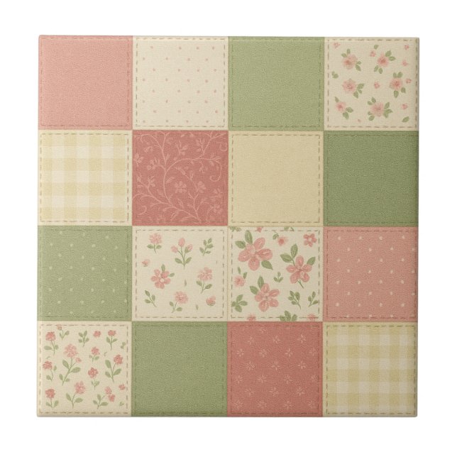 Rosa Grönt Patchwork Quilt Rustic Farmhouse Blommi Kakelplatta (Framsidan)