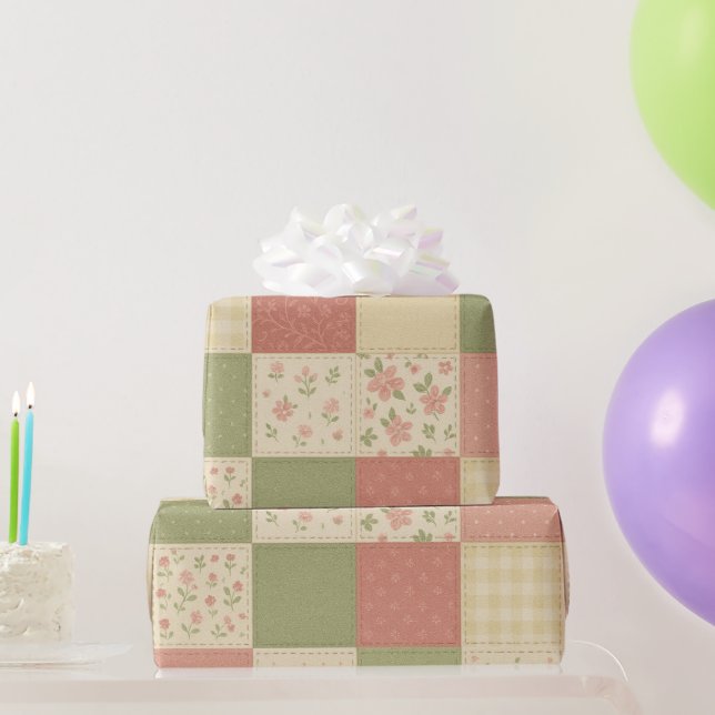 Rosa Grönt Patchwork Quilt Rustic Farmhouse Blommi Presentpapper (Festgåvor)