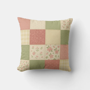 Rosa Grönt Patchwork Quilt Rustic Farmhouse Kudde