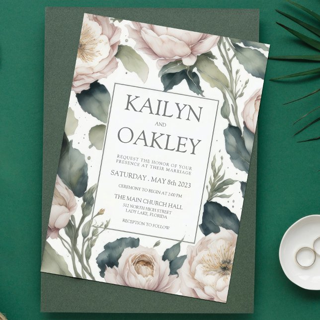 Rosa Grönt Peony Blommigt Bröllop Inbjudningar (Skapare uppladdad)