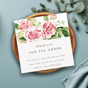 Rosa Grönt Peony Blommigt Tack Business Order Fyrkantigt Visitkort