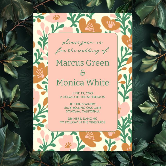 Rosa Grönt Personligt bröllp Inbjudningar (Wildflower Vines Pink Green Custom WEDDING Invitation
)
