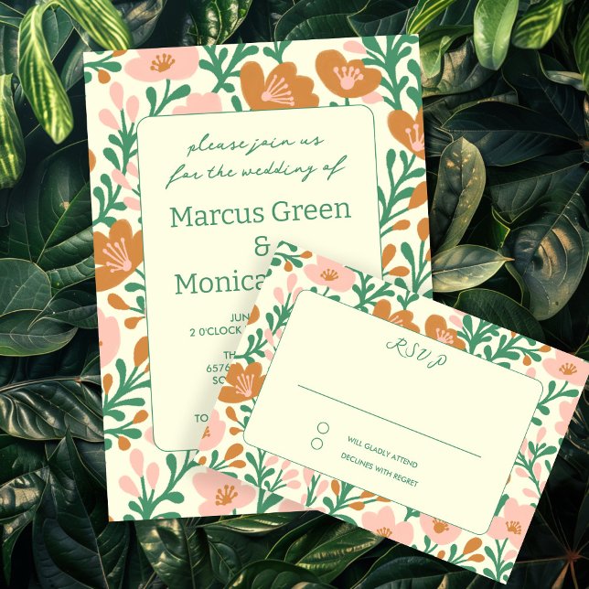 Rosa Grönt Personligt bröllp OSA Kort (Wildflower Vines Pink Green Custom WEDDING RSVP Card
)