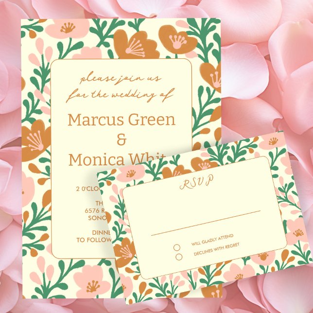 Rosa Grönt Personligt bröllp OSA Kort (Wildflower Vines Pink Green Custom WEDDING RSVP Card
)