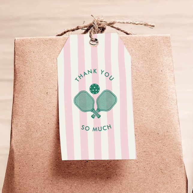 Rosa Grönt Pickleball Födelsedagsfest Tack Presentetikett (thank you gift tags with pickleball design, preppy pink stripes)