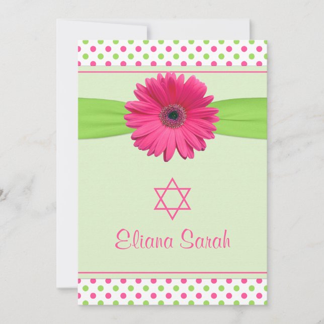Rosa Grönt Polka Dot Gerber Bat mitzvah inbjudan (Framsida)